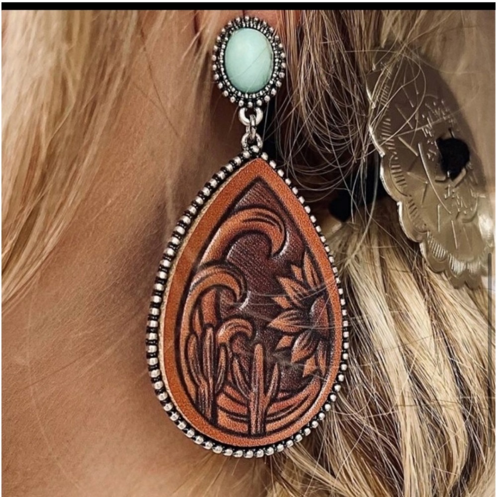 Genuine Leather Turquoise Stone Dangle Sunflower Western Earrings HANDMADE - Picture 5 of 5